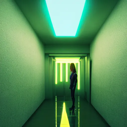 Image similar to a woman standing in a hallway with neon lights, cyberpunk art by beeple, cgsociety, retrofuturism, dystopian art, ominous vibe, futuristic