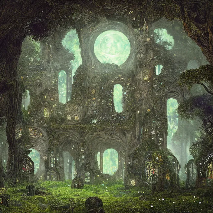 Image similar to ancient overgrown! ruins lit by moonlight!, twilight, medieval gates, runestones, beautiful lanters, mysetrious etherial mesmerizing runic!! cat eyes, magical elven geometry, concept art by gustav klimt!, deviantart contest winner, environmental art, high detail, intricate masterpiece