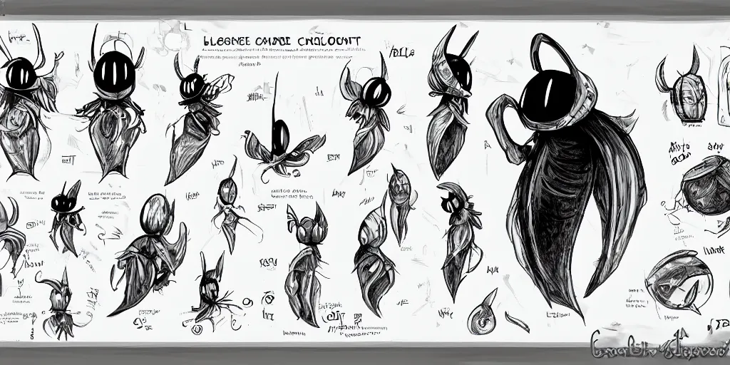 Prompt: cartoonish hollow knight, character sheet, fine details, concept design, contrast, front view, back view, ultra wide angle