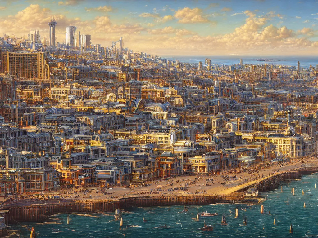 Prompt: hyperrealistic painting of brighton hove, mechanical designs, victorian houses, technological, detailed engineering, vivid color, elegant, meticulous, cinematic, cyberpunk style, highly detailed, realism, intricate, acrylic on canvas, 8 k resolution, concept art, by noriyoshi ohrai, francesco di giorgio martini