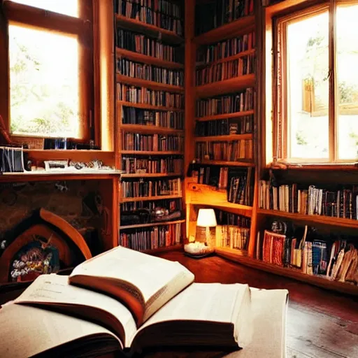 Image similar to cosy house interior with a lot of book everywhere, beautiful lighting, weird atmosphere