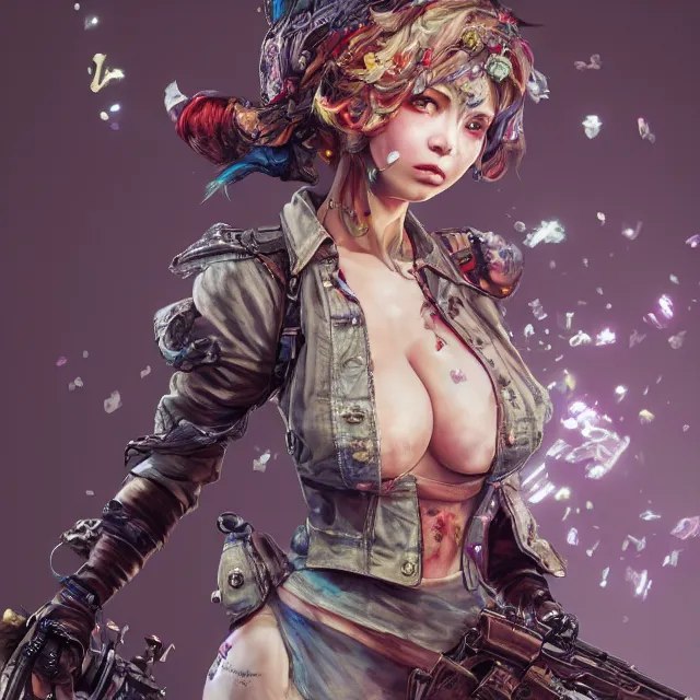 Prompt: the portrait of the chaotic neutral colorful female gunner assassin as absurdly beautiful, gorgeous, elegant, playful, young gravure idol, an ultrafine hyperdetailed illustration by kim jung gi, irakli nadar, detailed faces, intricate linework, octopath traveler, final fantasy, unreal engine 5 highly rendered, global illumination, radiant light, detailed and intricate environment