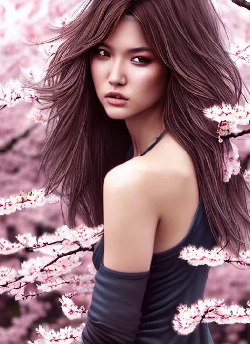 Image similar to photo of a gorgeous female with messy hair in the style of stefan kostic, realistic, body shot, sharp focus, 8 k high definition, insanely detailed, intricate, elegant, art by stanley lau and artgerm, cherry blossoms