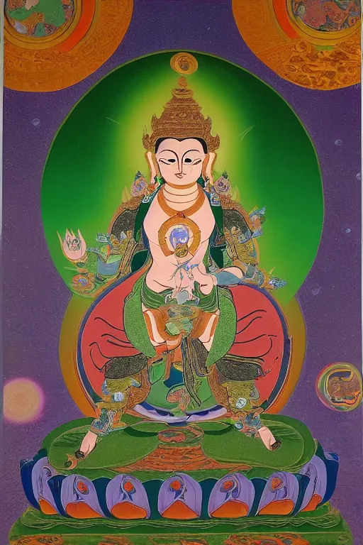 Image similar to A very Beautiful Green Tara Thangka, a geometric figure representing the universe in tibet and Buddhist symbolism, Shine in of the Mandala background by H. R. Giger,portrait,ཐང་ཀ་,ཛཾ་བྷ་ལ།,symmetrical, 8k resolution, photorealistic, high detail ,Unreal Engine, Trending on artbreeder. Green color scheme