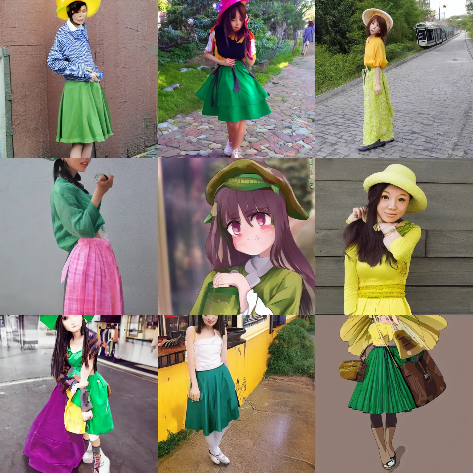 Prompt: cute anime girl wearing a long green skirt and a yellow hat, inspired by kyoto animation