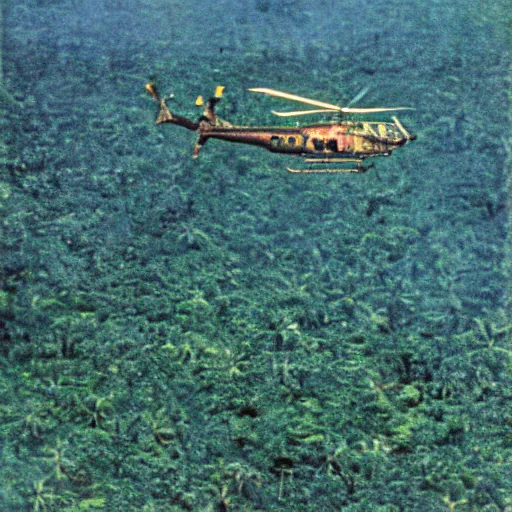 Prompt: american helicopter flying over the jungles of vietnam 1 9 7 0 s, 8 k detail