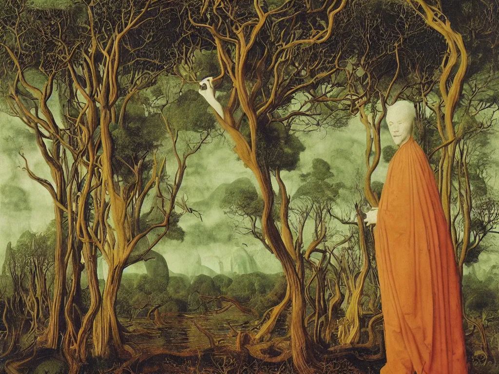 Image similar to Albino mystic with the back turned, with forest landscape flooded by a tsunami, giant wave. Painting by Jan van Eyck, Audubon, Rene Magritte, Agnes Pelton, Max Ernst, Walton Ford