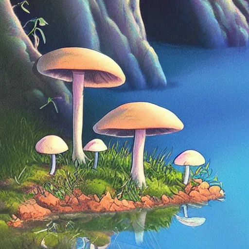 Prompt: a beautiful lake with cute little mushrooms growing around it, fantasy art, 2 d, by studio ghibli