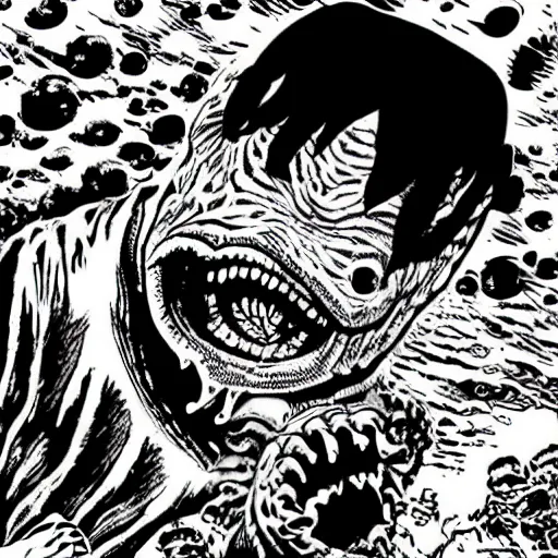 Prompt: creature from the black lagoon eating cockroaches in the style of “ katsuhiro otomo ” akira black and white