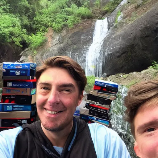 Prompt: mrbeast with everythingapplepro standing near a waterfall with two piles of boxes of iphones near them