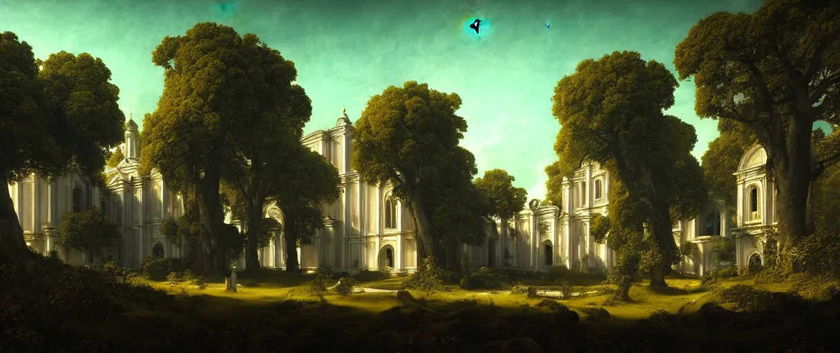 Image similar to hyperrealistic hyper detailed day shot of neo-rococo monastery on jupiter surrounded by giant blue trees matte painting concept art maciej kuciara gustave courbet cinematic orange lighting low angle hd 8k sharp shallow depth of field