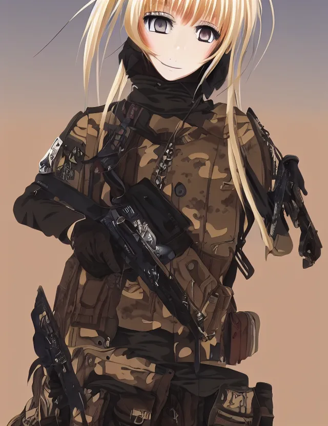 Image similar to an anime portrait of a blonde vampire girl in desert camo tactical gear, trending on artstation, digital art, 4 k resolution, detailed, high quality, sharp focus, hq artwork, coherent, insane detail