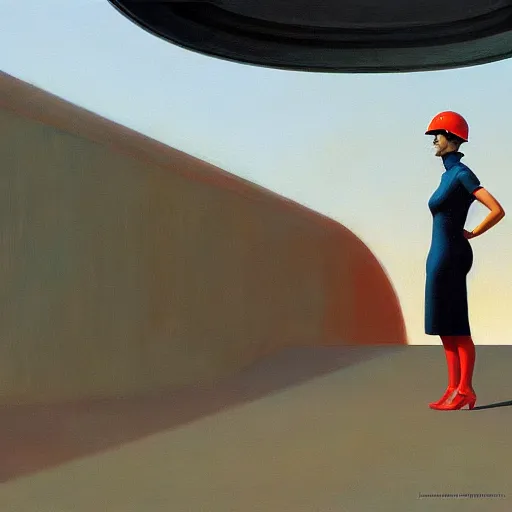 Image similar to Portrait of woman engineer with helmet, very coherent, painted by Edward Hopper, Wayne Barlowe, painted by James Gilleard, airbrush, art by JamesJean