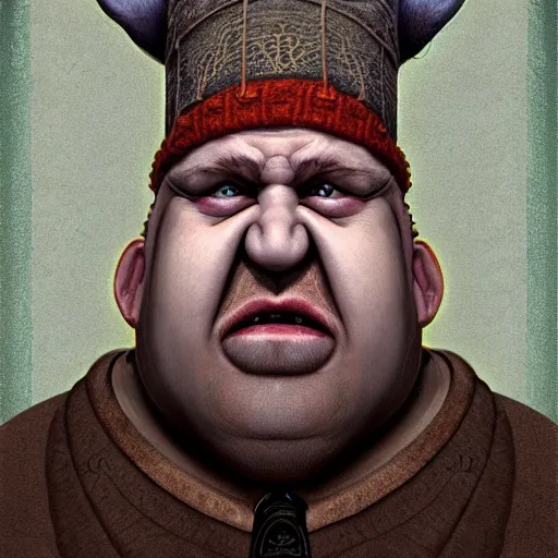Image similar to realistic symmetrical photobash matte tarot portrait of a fat balding grey goblin with no teeth wearing a bavarian hat, background sacred geometry, Featured on Artstation, by Sheilah Beckett, wlop, Sharandula, Hiroshi Yoshida, Tom Bagshaw, Artgerm and Craig Mullins. Featured on Artstation, cgsociety, Behance, rainbow color scheme, narrative realism,f22,highly detailed,v-ray render,photorealistic,4k hd wallpaper