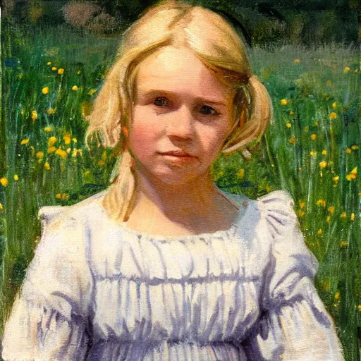 Prompt: young blonde pioneer girl in a meadow, portrait, oil