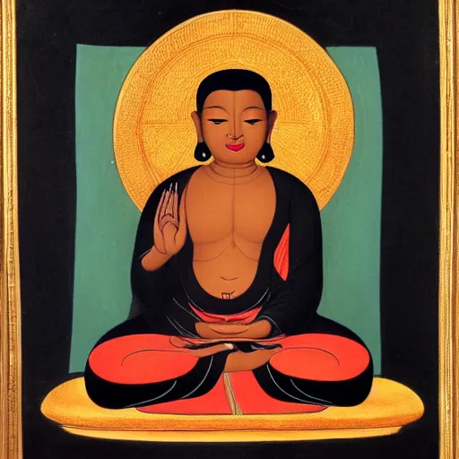 Prompt: contented peaceful black!!! bodhisattva, praying meditating, in a scenic environment, detailed, portrait, neoclassical painting