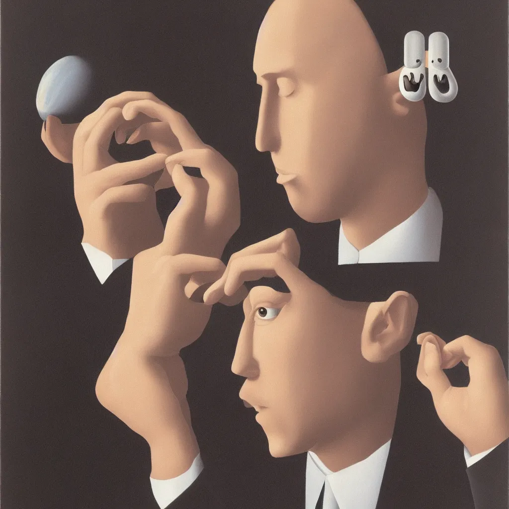 Image similar to i, a man wearing airpods pro and playing his iphone, by rene magritte