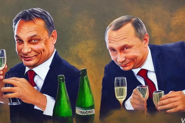 Prompt: viktor orban winking and drinking champagne with putin in front a burning city, hyper realistic painting