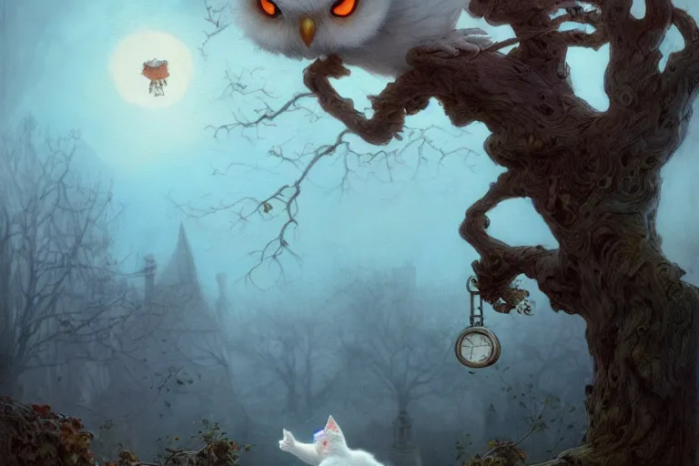 Image similar to casper the friendly ghost flying over a graveyard at midnight, chasing one cat, one interesting owl in a tree, cinestill, painted by james jean and gaston bussiere, very detailed and cute and cozy and transparent, backlight, fog, mist, trending on artstation