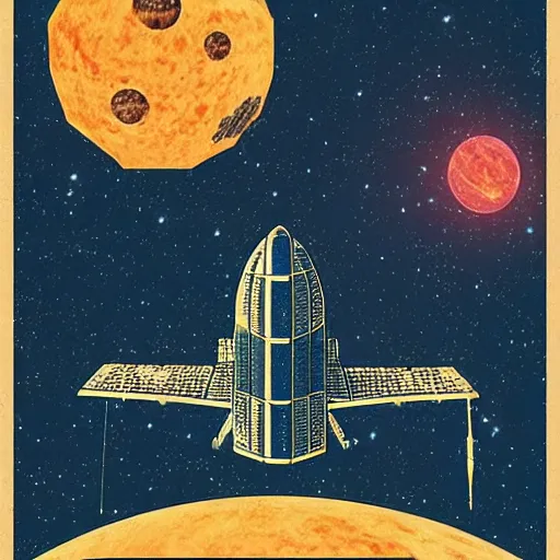 Image similar to “sci fi poster depicting a space station in orbit. With a unique starship flying by. In the style of a retro fantasy novel cover .”