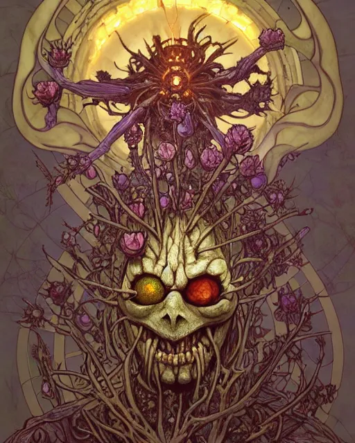 Image similar to the platonic ideal of flowers, rotting, insects and praying of cletus kasady carnage thanos davinci nazgul wild hunt chtulu mandala ponyo botw bioshock, d & d, fantasy, ego death, decay, dmt, psilocybin, concept art by randy vargas and greg rutkowski and ruan jia and alphonse mucha