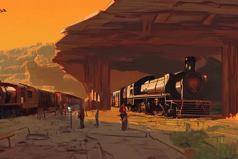 Image similar to idyllic old western train station illustration by syd mead artstation 4 k graphic novel concept art matte painting