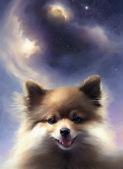 Prompt: pomeranian dog smiling, on the moon, night sky, stars, milky way, art by artgerm and greg rutkowski and magali villeneuve, d & d, fantasy, highly detailed, digital painting, trending on artstation, concept art, sharp focus, illustration