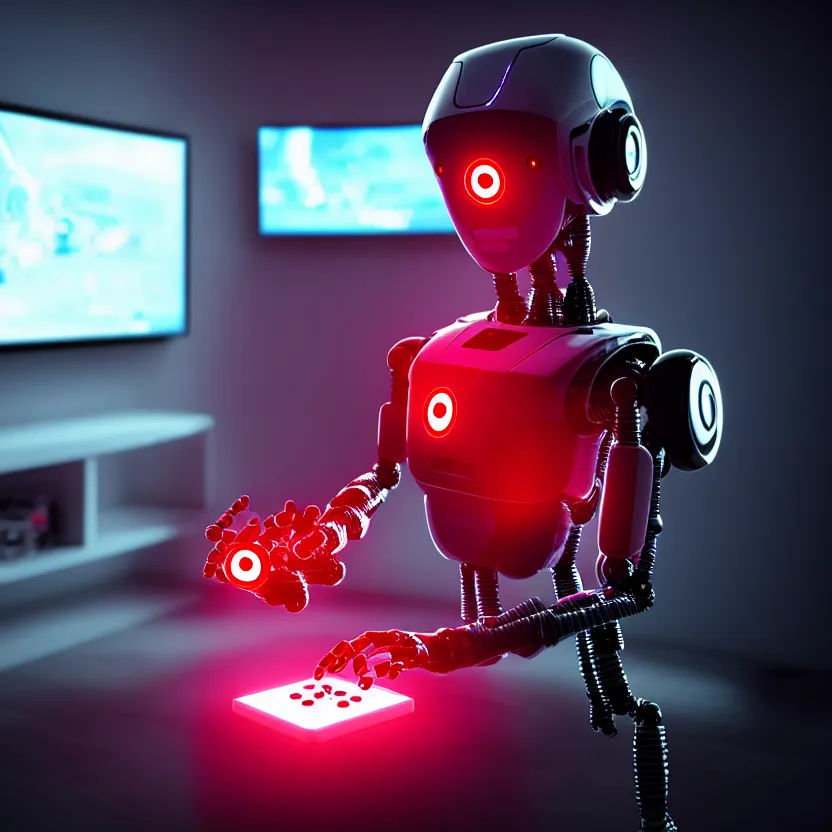 Prompt: a film still of a robot with red eyes playing video games, cool, photo, realistic, hd, intricate details, soft lighting, cyberpunk, cinematic, beautiful, 1 6 k