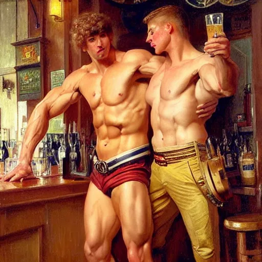 Prompt: attractive muscular maculine male with brunet hair and attractive muscular masculine male with blond hair. pants and shorts, drinking their hearts out, in a pub. highly detailed and very defined painting by j. c. leyendecker, gaston bussiere, craig mullins 8 k