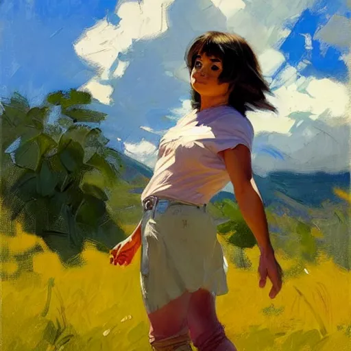 Image similar to Greg Manchess painting of dora the explorer, countryside, fantasy character portrait, dynamic pose, above view, sunny day, thunder clouds in the sky, artwork by Jeremy Lipkin and Giuseppe Dangelico Pino and Michael Garmash and Rob Rey, very coherent asymmetrical artwork, sharp edges, perfect face, simple form, wacky, 100mm