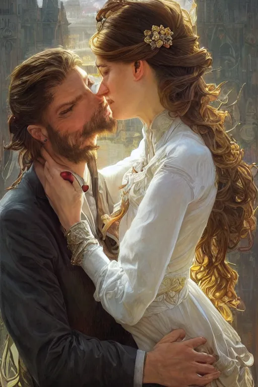 Image similar to portrait of a man in dhl van hugging his wife, feelings, romantic, fantasy, intricate, elegant, highly detailed, digital painting, artstation, concept art, smooth, sharp focus, illustration, art by artgerm and greg rutkowski and alphonse mucha