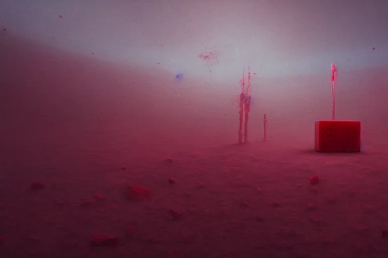 Prompt: a hd render of a surreal frozen landscape, cinematic lighting, by beeple and zdzisław beksinski, hovering red cube spilling blood - n 9