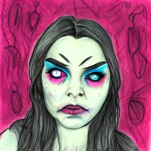 Image similar to beautiful grumpy girl, portrait, ice magic, dark hair and makeup, hand drawing, colour