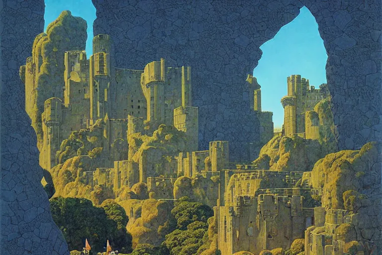 Image similar to a castle made of giant books, fantasy digital painting by maxfield parrish and michael whelan, intricate, photorealistic