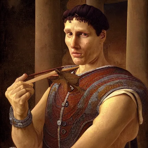 Image similar to Jerma985 in Ancient Rome, detailed, highly detailed, heroic, epic, complex, very detailed, realistic, HD quality, 8k resolution, body and headshot, Oil Painting, Italian Renaissance Painting of Jerma985, Italian Renaissance Painting Style, Renaissance Painting Style, Painting, Trending on Artstation