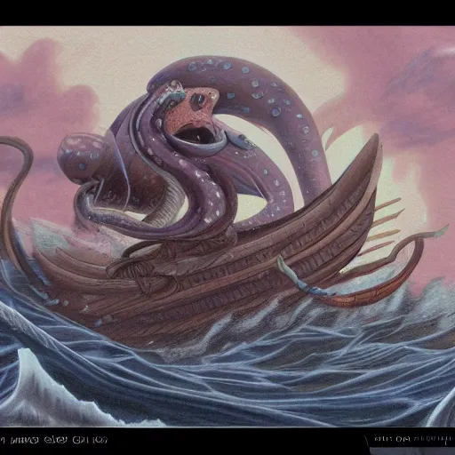 Image similar to coloured pencil drawing of a galion attacked by a giant octopus, rainy day an big waves. d & d, illustration, trending on artstation