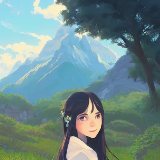 Prompt: portrait of teen girl with long black hair and bangs, detailed facial features, beautiful face, flower fields and mountains in the background, digital painting, artstation, highly detailed, by makoto shinkai and thomas kindle and James gilleard