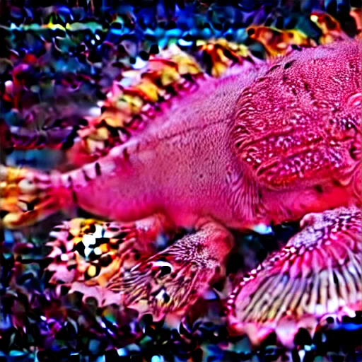 Prompt: pinkish crustacean with a pair of pink membranous bat wings. pink bat wings. where a head would be, they have a pink brain coral and are covered in antennae. ( 1. 5 m ) numerous sets of paired appendages. unreal engine, national geographic wildlife photo, studio lighting, water cuastics, epic fantasy render