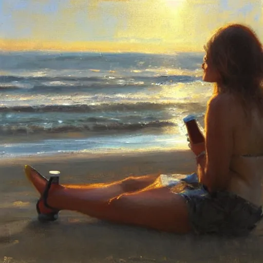 Image similar to “ a girl sitting on rockaway beach drinking a can of beer, morning light, by daniel gerhartz ”