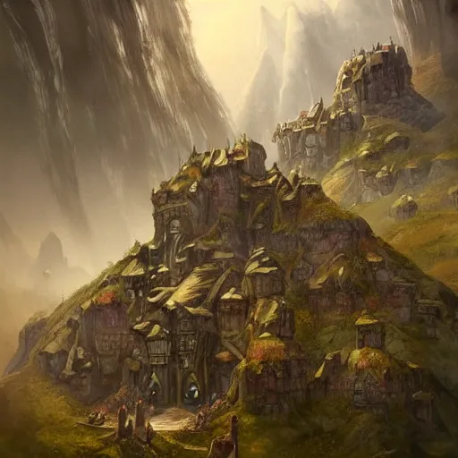 Prompt: dwarf fortress from Hobbit by Daniel Dociu and Greg Rutkowski