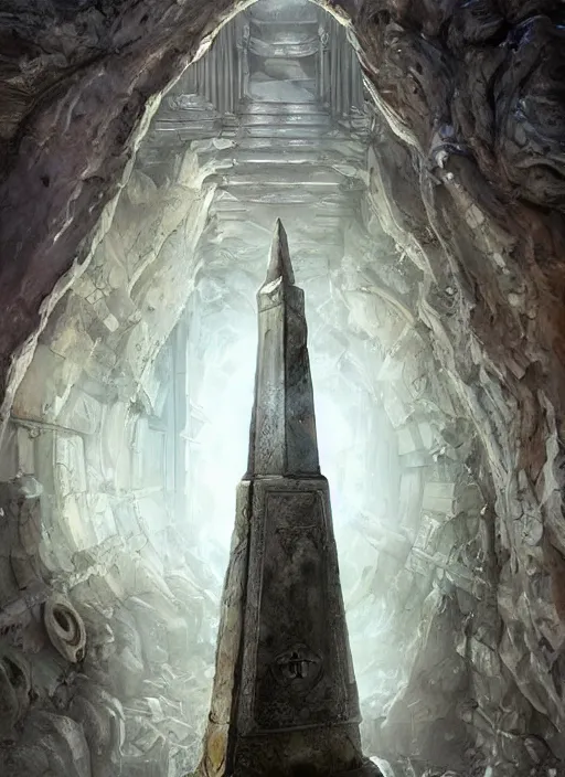 Prompt: a towering stone obelisk covered with strange ancient mechanisms, in an ancient vault, stone pillars, fantasy digital painting, stunning intricate details, torch lighting, artwork by ross tran, artgerm