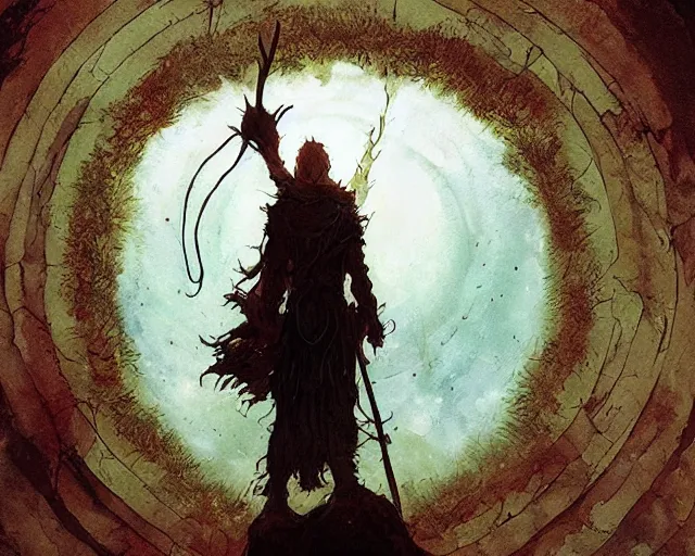 Image similar to a druid standing in a circle at the beginning of the world by greg rutkowski and frank frazetta and peter mohrbacher and william blake and dan mumford