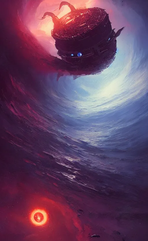 Image similar to a beautiful illustration of a black hole devouring a pirate ship in a galactic nebula, art of greg rutkowski and magali villeneuve and artgerm, featured on artstation, vertical orientation