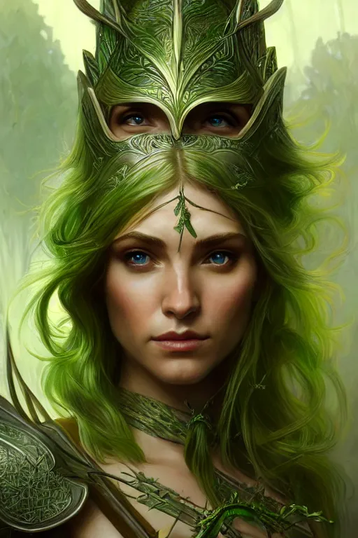 Image similar to male elven Archer armor made of green leaves, fantasy, amber eyes, face, long hair, intricate, elegant, highly detailed, digital painting, artstation, concept art, smooth, sharp focus, illustration, art by artgerm and greg rutkowski and alphonse mucha