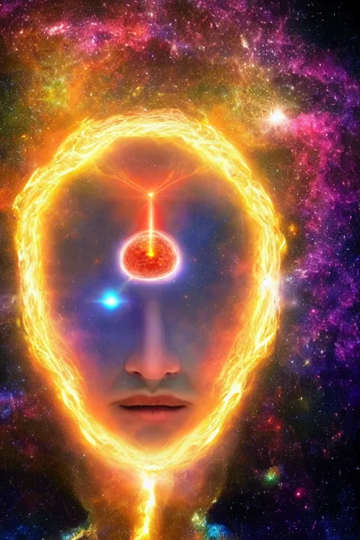 Image similar to a human being consumed by universe energy, quantum entanglement between universe and soul, all matter of the universe colliding into one soul and cosmos.