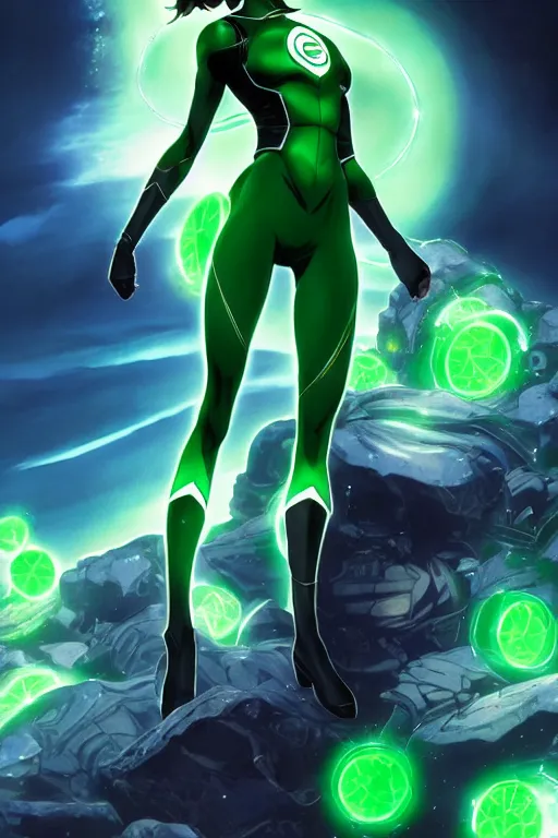 Image similar to anime key visual of a beautiful young female green lantern!! intricate, green and black suit, glowing, powers, dc comics, cinematic, stunning, highly detailed, digital painting, artstation, smooth, hard focus, illustration, art by artgerm and greg rutkowski and alphonse mucha