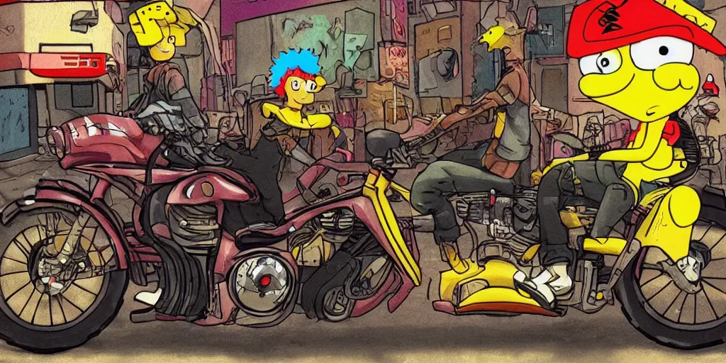 Image similar to sponge bob akira, riding a motorcycle on the neonpunk street.