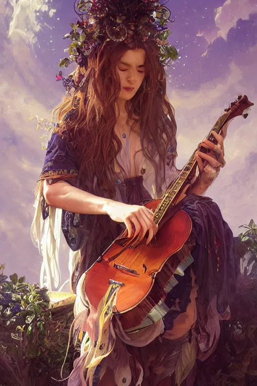 Image similar to portrait of a druid playing an electronic!!-musical-instrument, intricate, stunning, highly detailed, digital painting, artstation, concept art, smooth, sharp, focus, illustration, art by artgerm and greg rutkowski and alphonse mucha