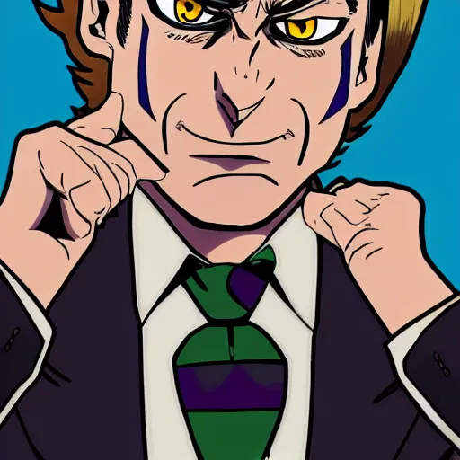 Image similar to saul goodman in jojo's bizarre adventure anime, in the style of jojo's bizarre adventure by hirohoki araki, anime style, hyper realistic, illustration, 4 k hd