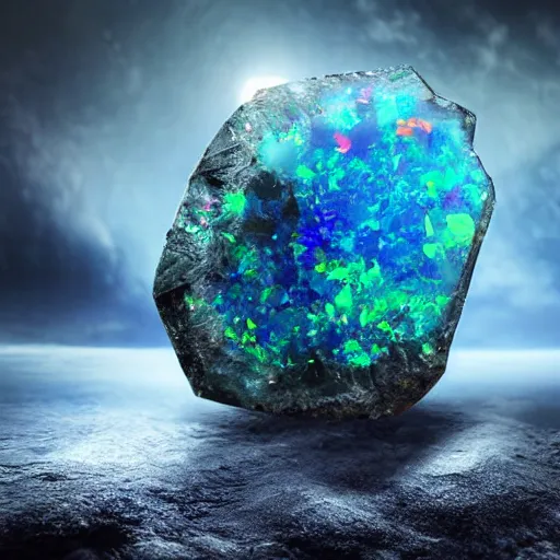 Prompt: a giant gemstone mineral with dark background. Opal gemstone, professional digital matte painting.